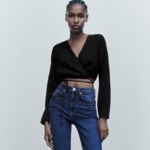 Zara flowy black long sleeve crop top with tie